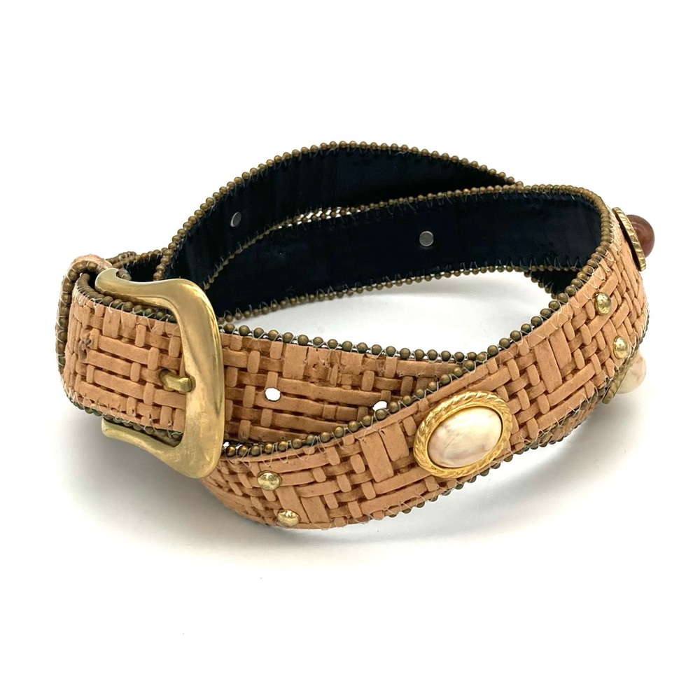 Vintage Woven Cabachon Belt Women’s Size L Adjustable Buckle Closure Cork Gold